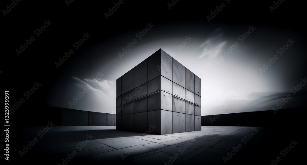 Leinwandbilder monochrome image of a cubic structure made of blocks under a dramatic sky. the cube is centrally pla