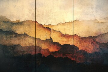 Abstract landscape painting depicting layered mountains in warm, earthy tones with a textured, cracked surface.