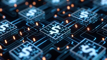A cyber-financial concept showcasing real-time global transactions with digital dollar icons.