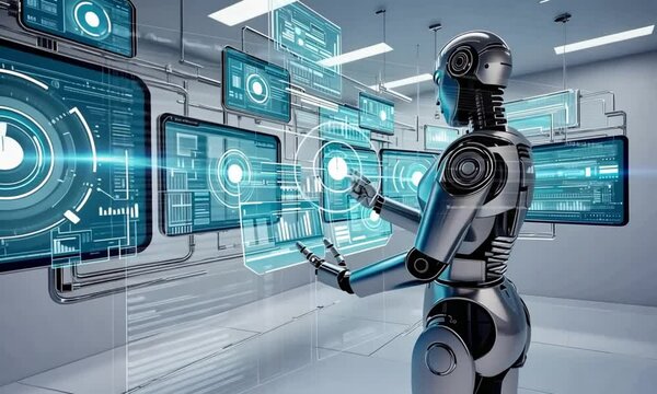 Robot interacts with digital displays in futuristic lab