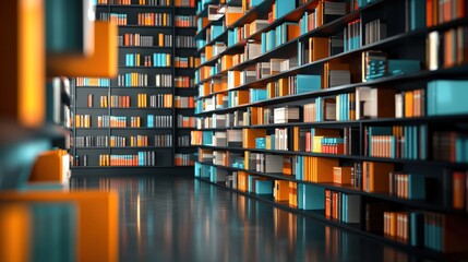 An empty bookshelf morphing into a futuristic digital library interface.