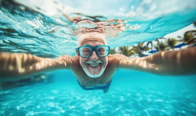 Fototapeta premium Joyful swim amidst tropical vibes for a happy elderly man in the pool