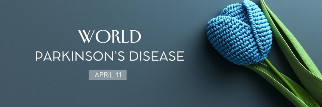Knitted tulip flower symbol of parkinson's day awareness. World parkinson disease day april 11 banner with copy space.