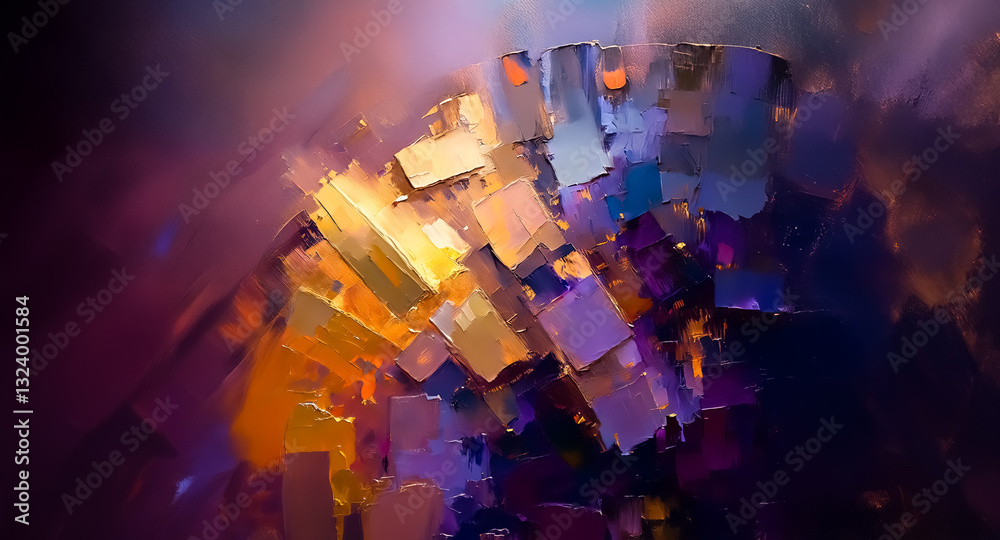 Poster abstract art with swirling blocks of vibrant color. warm oranges and yellows contrast with cool blue