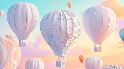 A whimsical paper cut-out design of floating hot air balloons