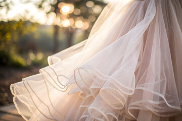  Flowing tulle wedding dress in golden sunlight, romantic bridal fashion, ethereal wedding gown details, delicate lace trim, dreamy wedding photography, elegant wedding dress movement