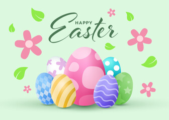 Illustration of Easter Egg Greeting Card with Happy Easter Calligraphy Featuring Colorful Seasonal Ornament and Springtime Flowers perfect for Invitation Poster and Festive Celebration Postcard Design