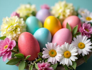 Vibrant Easter Eggs Arranged in a Lush Spring Floral Display with Blooming Hydrangeas, Daisies, and Fresh Greenery for a Festive Atmosphere