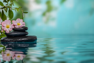 a serene pool in a luxury spa resort - surrounded by lush greenery blue background
