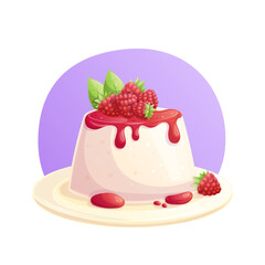 Panna cotta garnished with raspberries on a plate. The concept of a pastry shop, pastries, and a traditional Italian dessert. Isolated vector illustration for the design of postcards and posters.