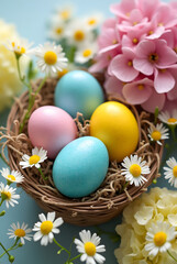 Obraz premium Vibrant Easter Eggs Arranged in a Lush Spring Floral Display with Blooming Hydrangeas, Daisies, and Fresh Greenery for a Festive Atmosphere