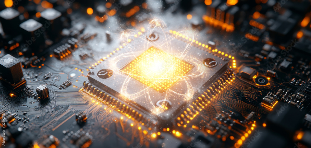 Fototapete A processor showcasing quantum computing concepts with a glowing center, representing qubits. Surrounding circuitry illuminates the potential of advanced algorithms and data optimization techniques.