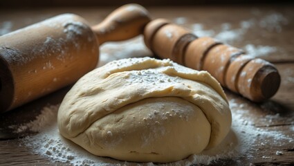 Dough preparation with a wooden rolling pin and flour on a rustic wooden table showcasing the baking process