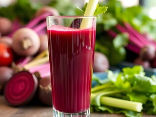 Fresh Beet Juice in a Glass with Celery Stick, Healthy Drink, Vegetables, Food Photography.