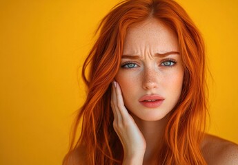 Naklejka premium A young redheaded woman clutches her cheek, showing discomfort from a toothache