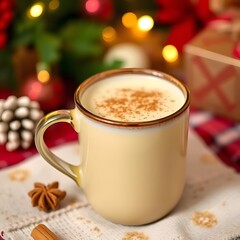 Creamy Eggnog in a Festive Mug with Cinnamon, Christmas Decorations Background, Cozy Holiday Drink.