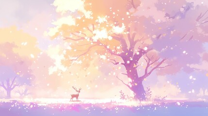 A serene scene of a deer under a colorful tree with a dreamy atmosphere.