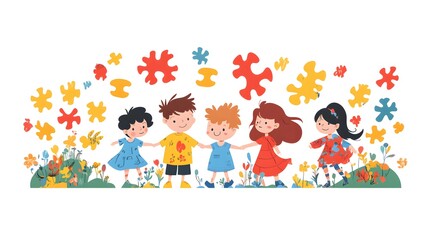 Inclusive Children Together for Autism Awareness Campaign Illustration