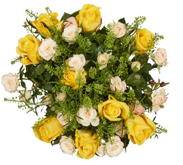 Yellow top view of blooming rose bouquet cut out isolated transparent background