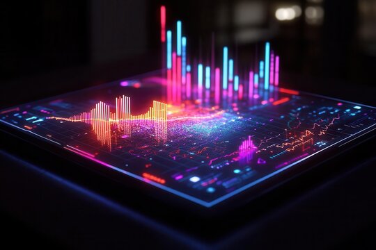 futuristic 3d financial report visualization with holographic charts, glowing data points, and upward trending graphs against a sleek dark backdrop, showcasing company growth projections for 2025