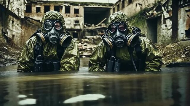 Exploring abandoned site with two individuals in protective gear during a mysterious expedition
