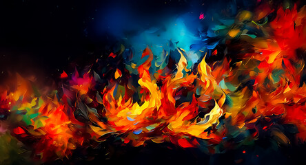 Fototapeta premium Vibrant flames dance with intense energy against a dark backdrop. Bold strokes of red, orange, yellow, and hints of blue create an abstract fiery scene.