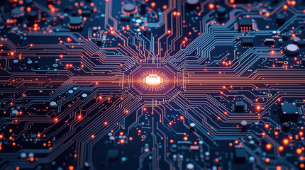 High-tech circuit board background, abstract digital technology presentations, electronic components, digital infrastructure, blue tech theme, modern electronics evolution expansion background image
