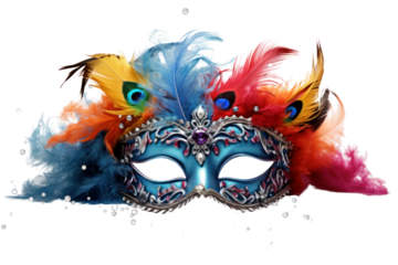 A traditional carnival mask with vibrant feathers and elaborate designs, with a light dusting, isolated on white background