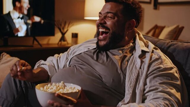 A plus-sized African American man relaxes on a couch, laughing while watching TV. He holds a bowl of popcorn. Cozy atmosphere, dim lighting, home entertainment