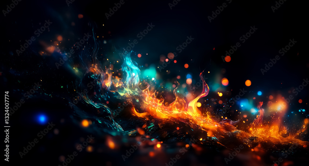 Poster abstract cosmic energy bursts forth in a fiery, nebulae-like display. vivid orange and teal hues glo