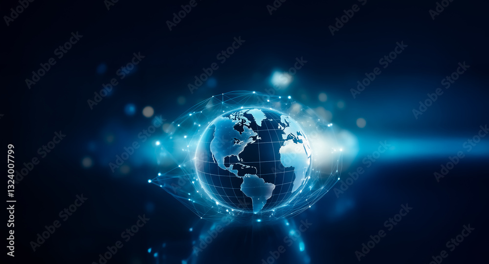 Poster digital globe surrounded by glowing digital network, symbolizing global connections and technologica