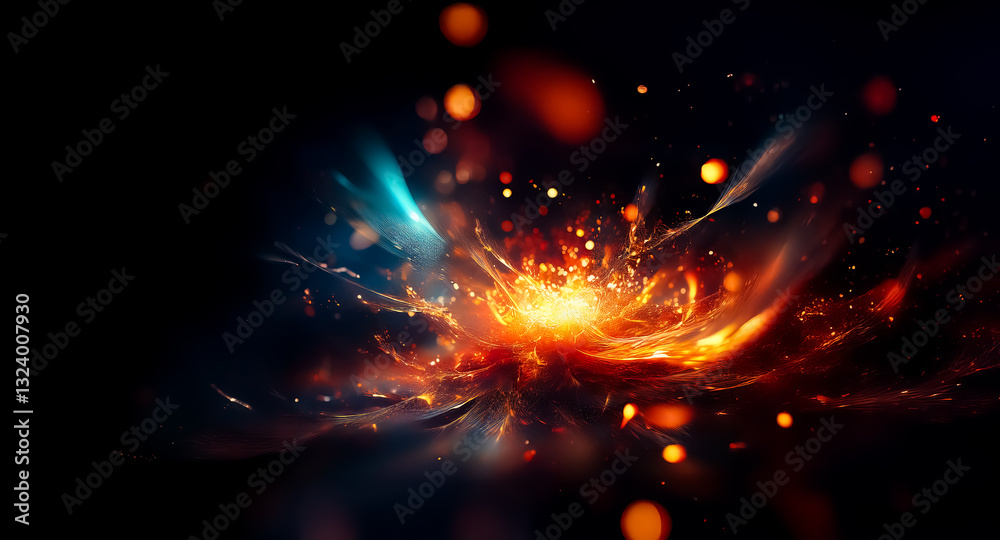 Poster abstract explosion of light with vibrant orange, yellow, and blue hues against a dark backdrop. spar