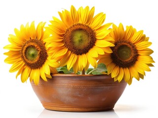 Obraz premium Sun-drenched sunflowers burst from a terracotta pot, a vibrant summer still life, perfect for product photography.
