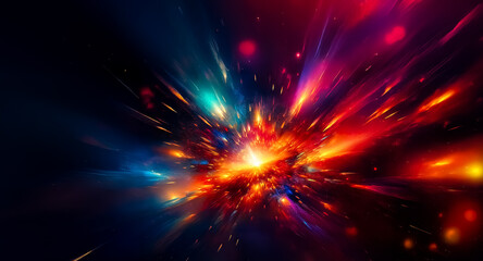 Obraz premium A vibrant explosion of light bursts from darkness, showcasing dynamic streaks of red, orange, blue, and green. An abstract and energetic display.
