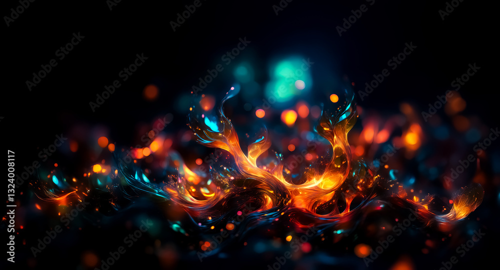 Poster abstract flames with vibrant orange, yellow, and blue hues dance against a dark backdrop. bokeh ligh