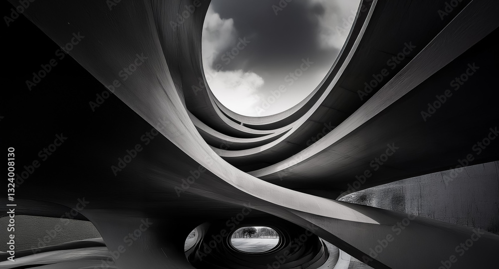 Fototapete abstract black and white photograph of a modern architectural structure with dynamic curved lines an