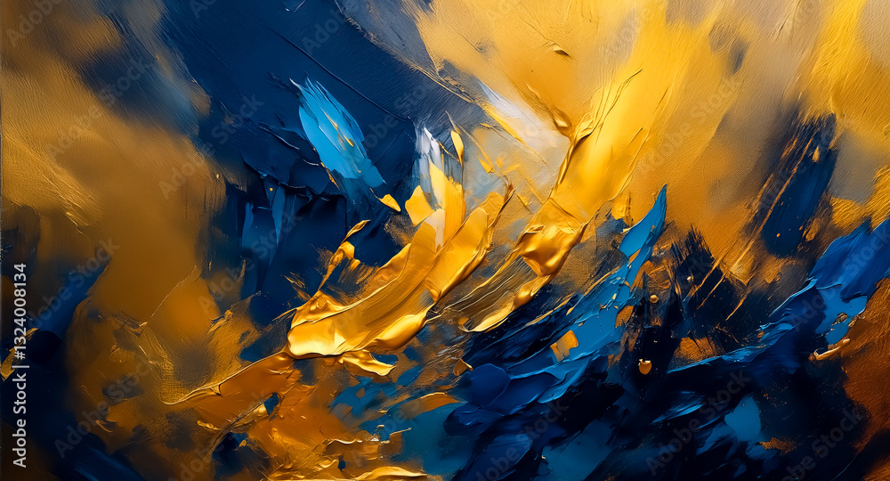 Aufkleber Abstract painting featuring bold brushstrokes of blue and gold creates a textured and dynamic visual. Colors blend and contrast, adding depth and richness.