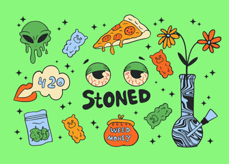 marijuana symbols: bong, marijuana bump,pizza, joint, red eyes, alien, gummy bears
