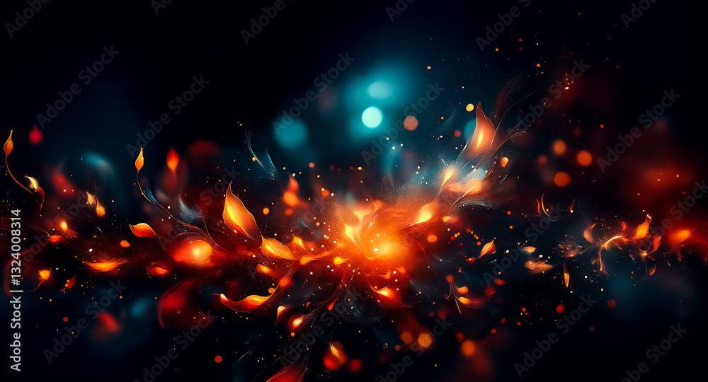 Poster Vibrant abstract shapes explode with fiery orange and red against a dark backdrop. Teal bokeh lights add depth and contrast to the dynamic composition.