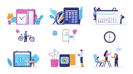 Professional Flat Illustration Set for New Work Organization with Calendar Cartoon
