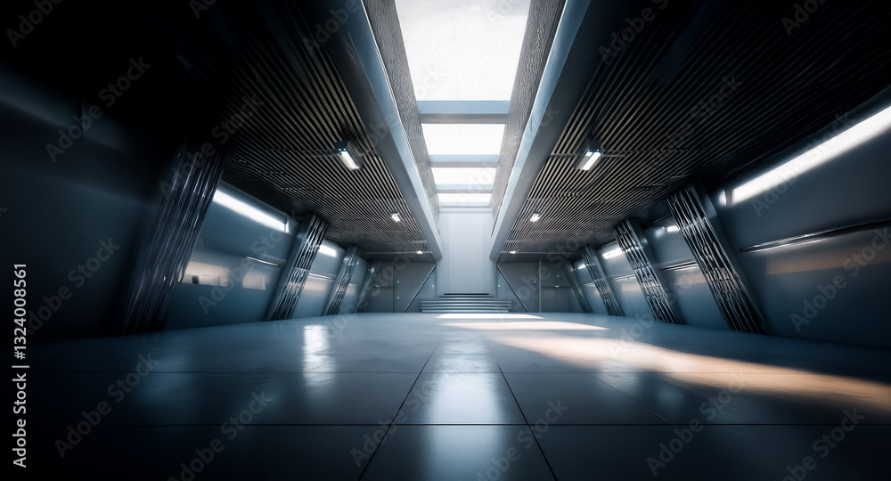 Leinwandbilder empty, bright corridor with polished floors and metallic walls leads towards a light source. futuris