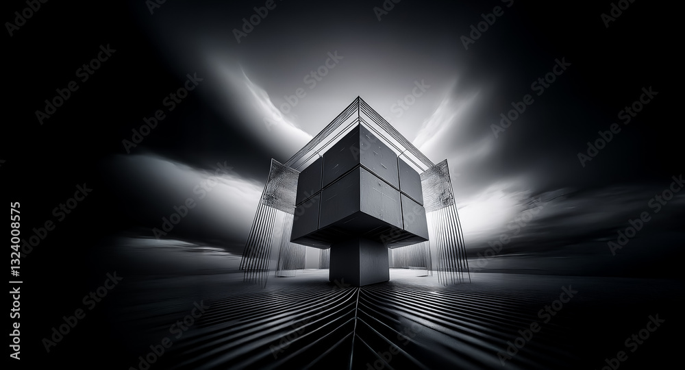 Poster a dark, cube-like structure dominates the scene, set against a dramatic sky with swirling clouds. th