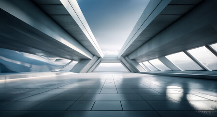 Obraz premium Futuristic building interior featuring geometric shapes and bright sunlight. Modern architectural design with clean lines and empty space. Reflective floor and strong perspective.