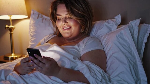 A plus-sized woman lies in bed under white blankets, smiling while using her smartphone. Warm bedside lamp lighting creates a cozy nighttime atmosphere