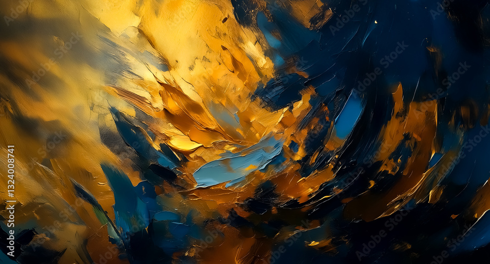 Poster abstract painting with swirling brushstrokes in gold, yellow, and blue hues, creating a dynamic and 