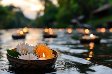 Floating flower offerings with candles drifting on a river at dusk, symbolizing prayers and wishes