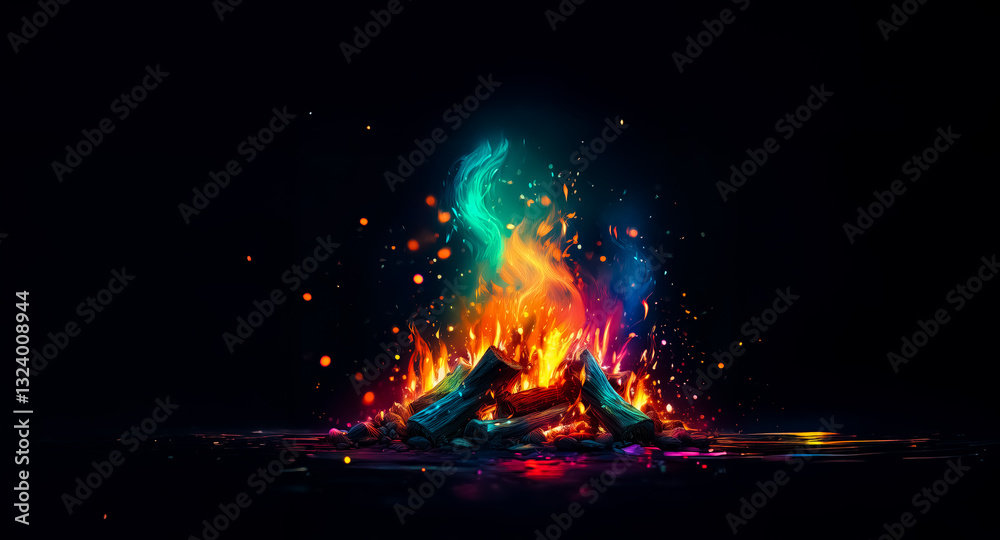 Poster a vibrant, glowing bonfire burns brightly against a dark backdrop, casting colorful sparks and illum