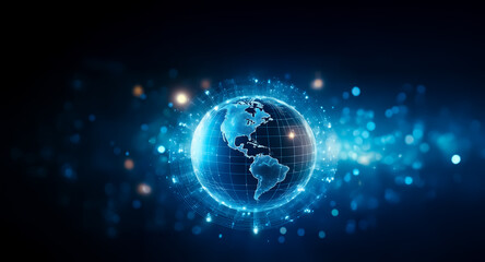 Fototapeta premium Glowing blue globe surrounded by digital network lines and particles on a dark backdrop, symbolizing global connection.