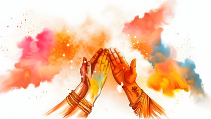 Naklejka premium Vibrant watercolor illustration of two hands clapping with splashes in background. Holi festival lcolours powder india