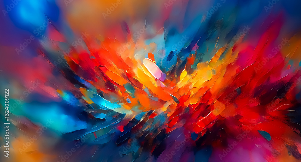 Poster Vibrant splash of colors bursts across the canvas, creating an abstract explosion of energy. Bold strokes blend and contrast, showcasing a dynamic and fluid composition.